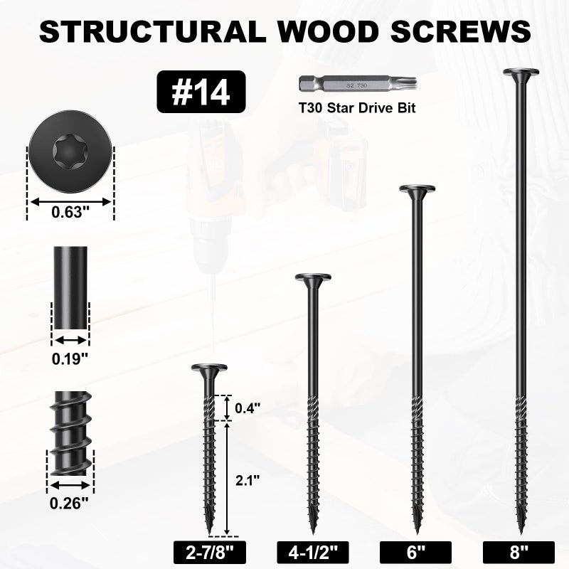 FMhotu #14 Heavy-Duty Wood Screws, Star Drive Deck Screws, Rust Resistant Timber Screws for Timber/Log/Landscaping Wood (2-7/8 Inch,250Pcs,Black) - Image 2